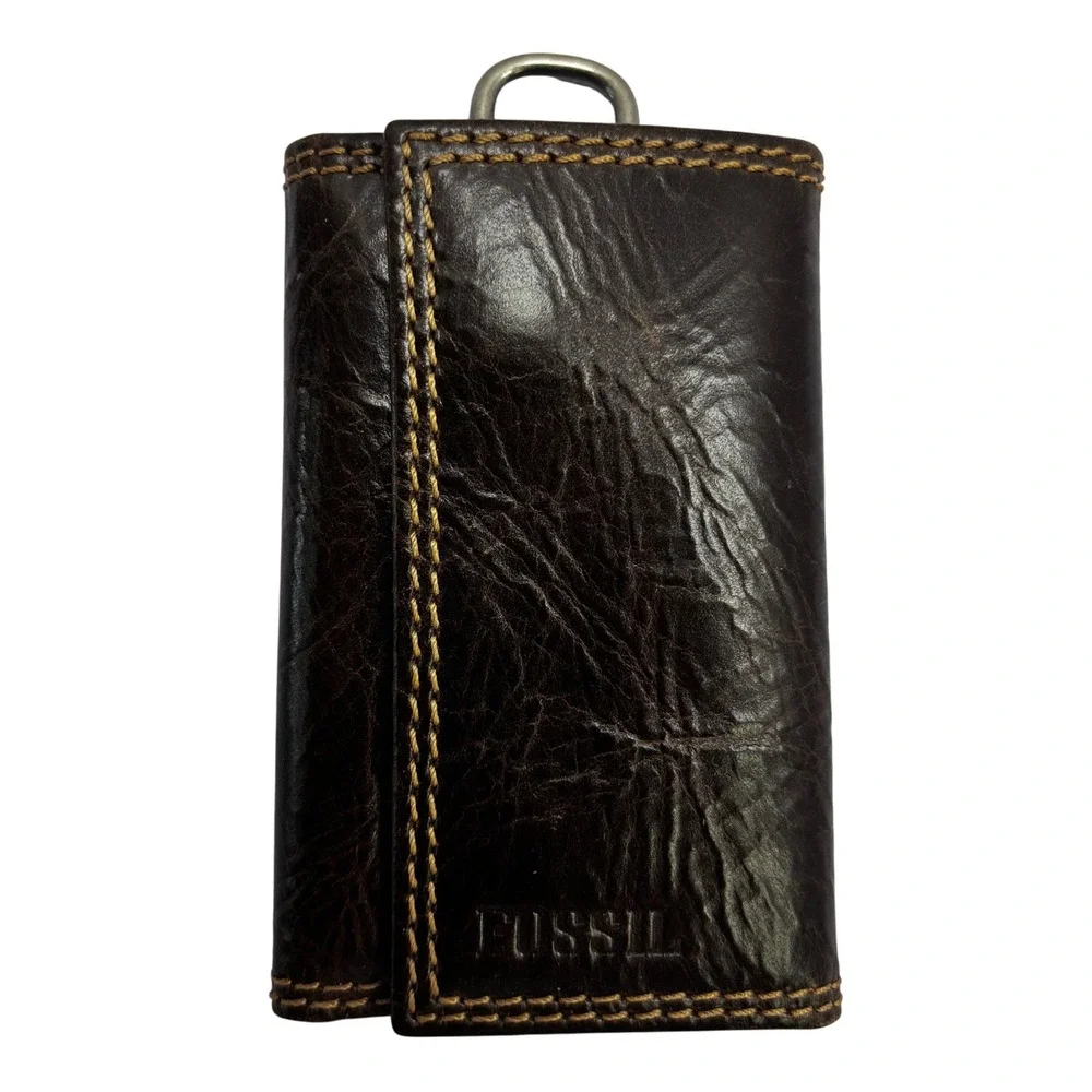 Fossil Mens Dark Brown Leather Trifold Key Case Wallet with Carabiner Clip